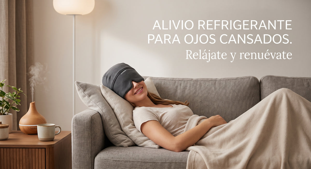 Mujer relajada en el sofá con el gorro de gel gris puesto — alivio refrigerante para ojos cansados