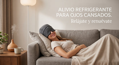 Mujer relajada en el sofá con el gorro de gel gris puesto — alivio refrigerante para ojos cansados