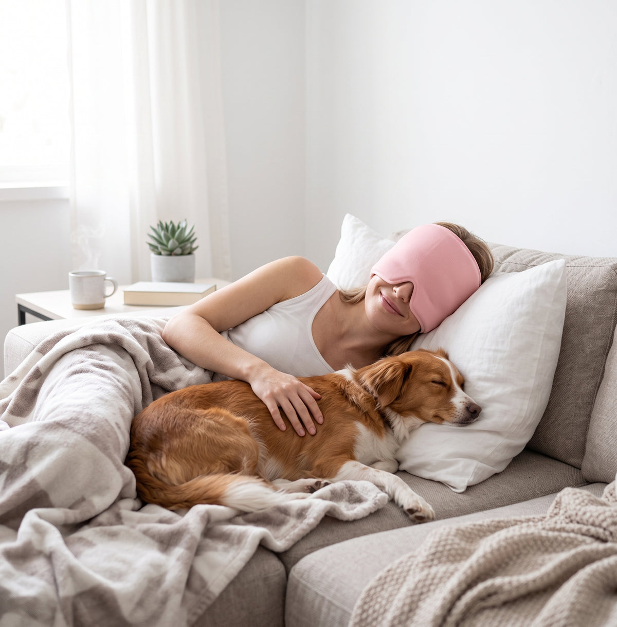 Mujer relajada en el sofá junto a su perro con el gorro de gel para migraña en color rosa