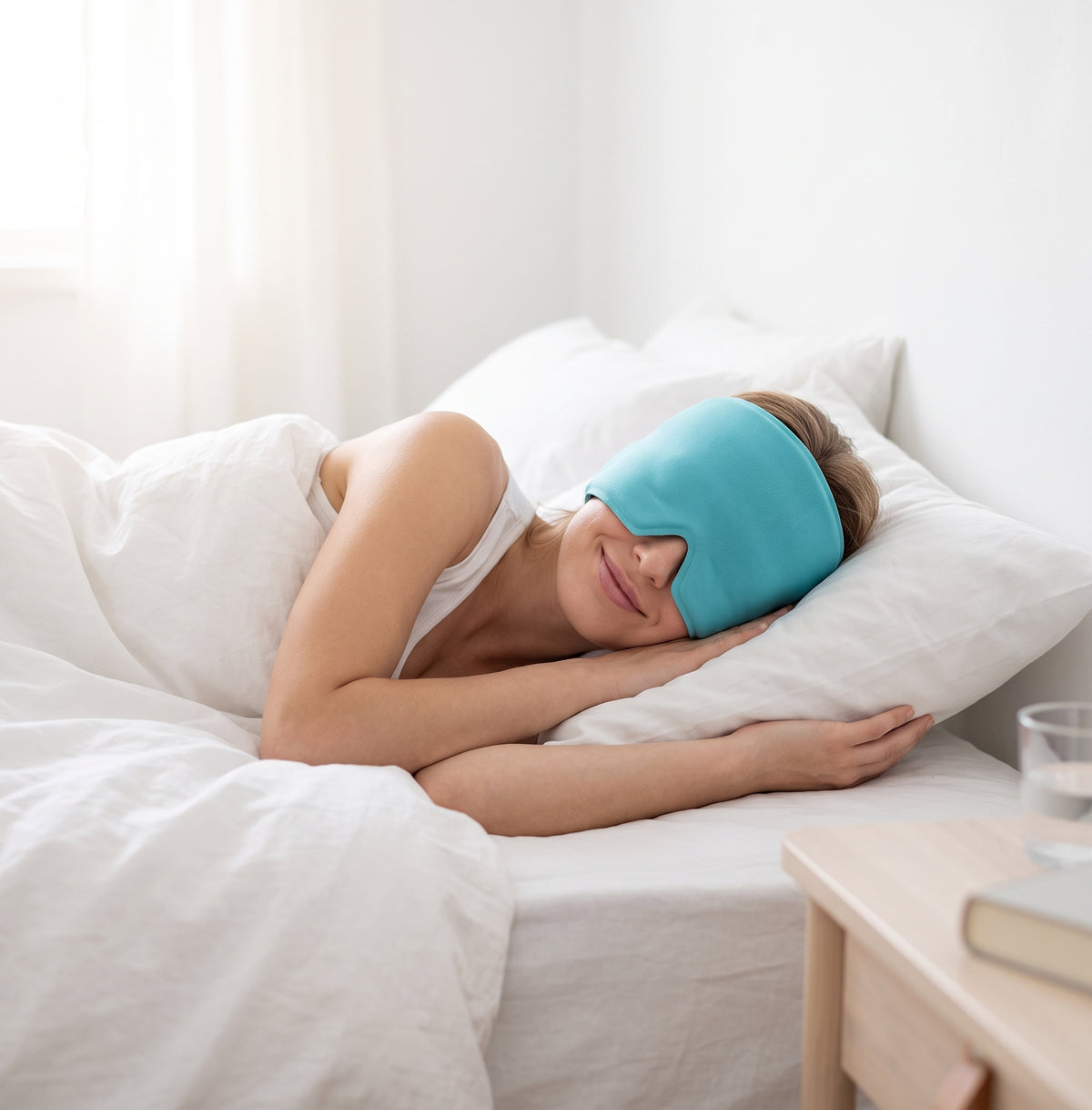 Mujer descansando en la cama con el gorro de gel para migraña en color turquesa